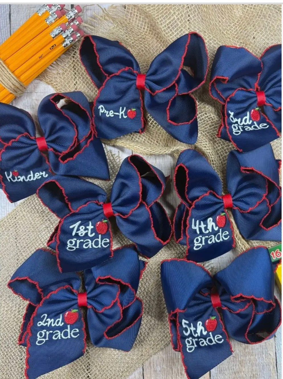 School Grade Embroidered Apple Moonstitch Bow