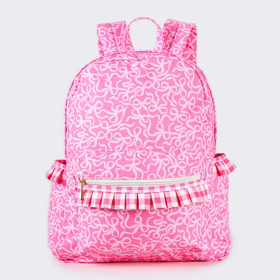 Gingham Ruffle Bow Printed Girls Backpack