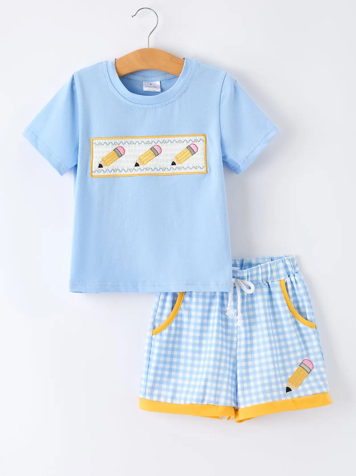 Back To School Pencil Boys Set Applique Plaid Shorts